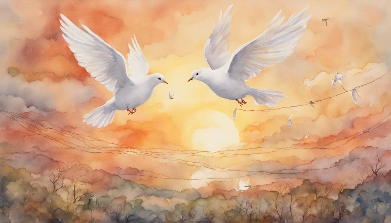 Two doves holding a string, sunrise at the background within a serene landscape