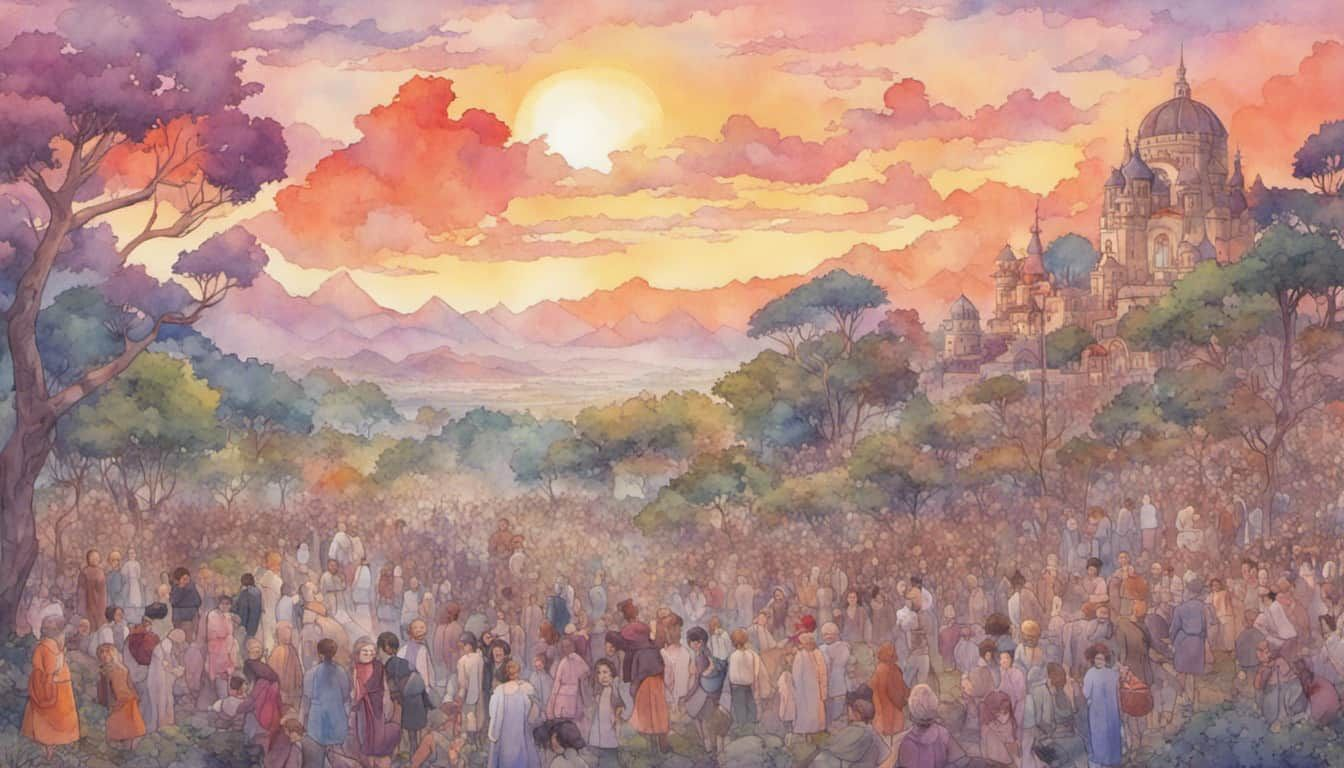 A colorful crowd of diverse people in a beautiful open field beneath a radiant sky