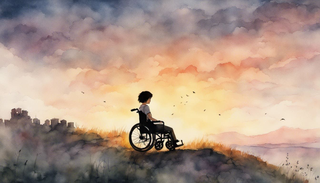 A silhouette of a child in a wheelchair on a hilltop during sunset with bright beams of light enveloping and lifting them upwards.