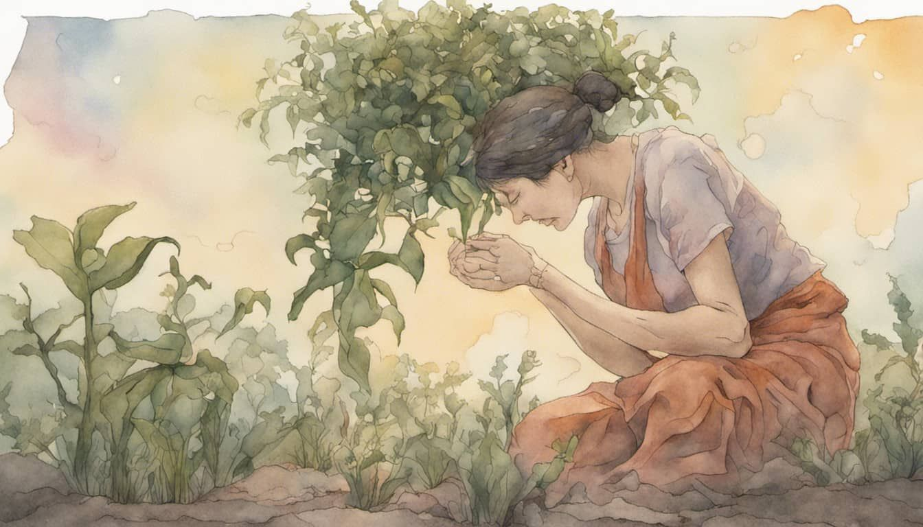A woman performing acts of nurturing and care towards a wilting flower