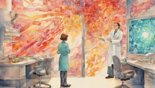 A woman talking to a doctor about the 3D image of rectal cancer cells, with a colourful abstract background representing the battle against cancer