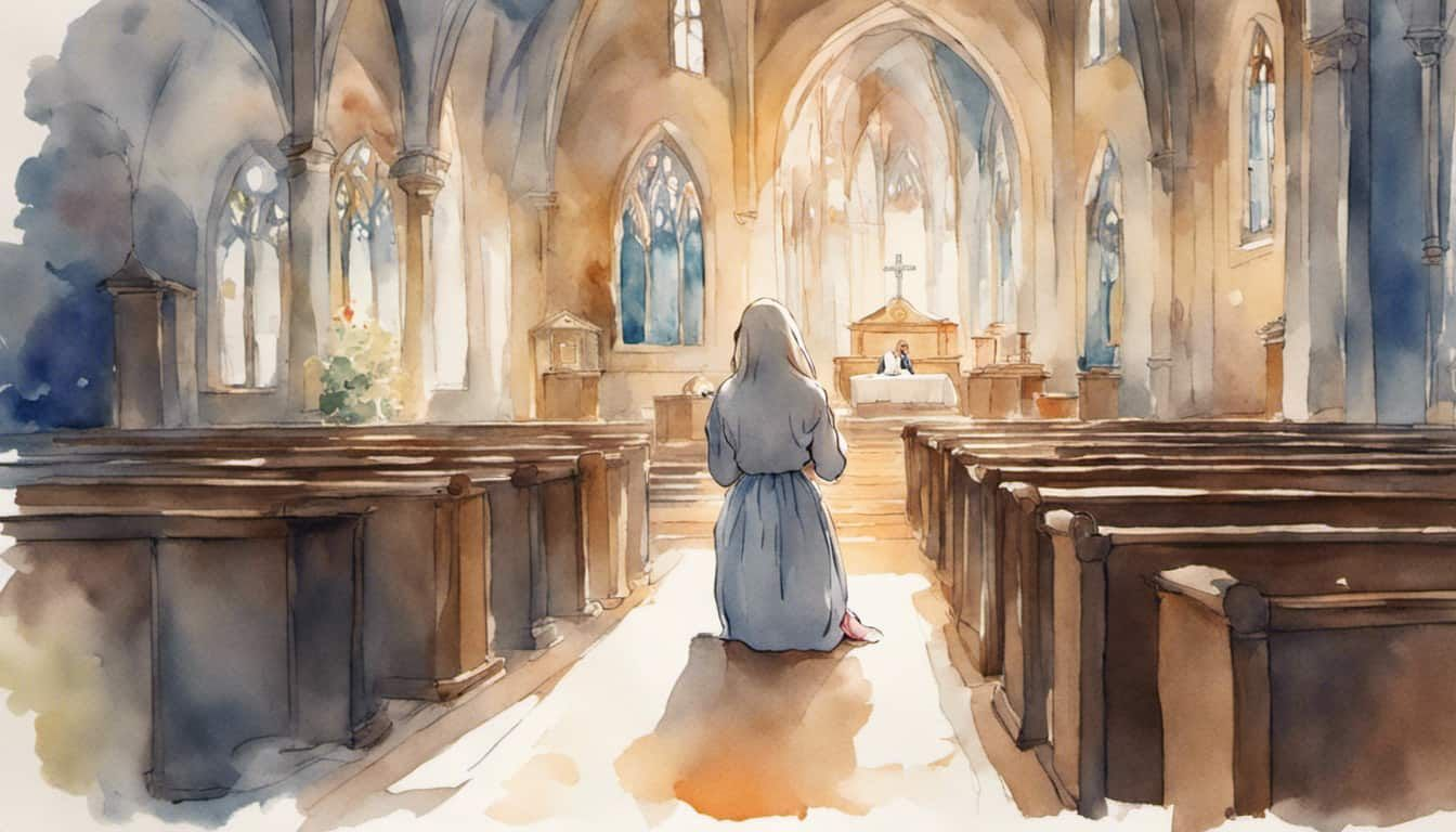 Devoted wife praying in church for her unsaved husband