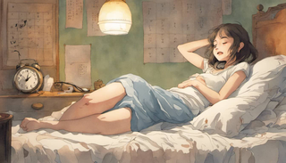 Woman sitting on bed, holding her abdomen and expressing pain, while a clock shows late night hours and a calendar with marked dates is nearby