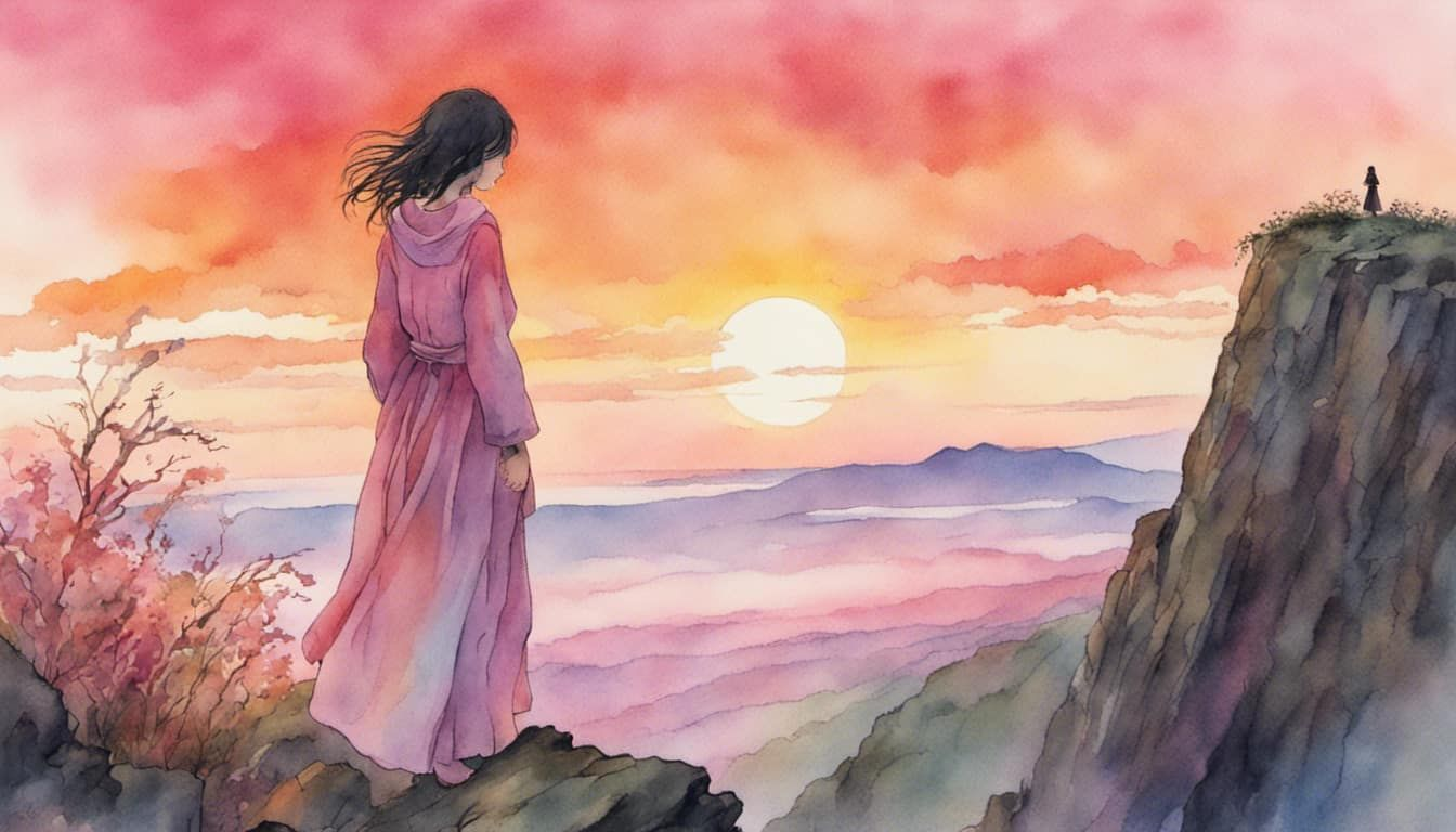 Woman standing alone on a cliff, facing a multicolored sunrise with vibrant hues of pink and orange, displaying a sense of hope