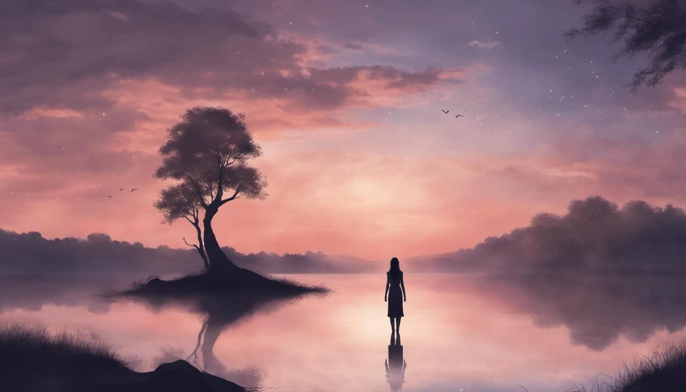Woman silhouette in front of lake reflecting purity